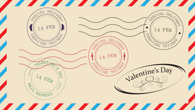 Set of postal stamps Valentine's day. Vintage envelope