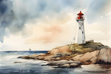 Fototapeta na wymiar watercolor lighthouse on a rock overlooking the ocean