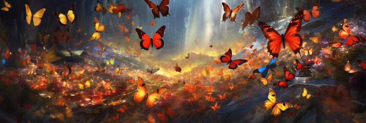 Flying butterflies, fairy tale banner generated by AI. - obrazy, fototapety, plakaty