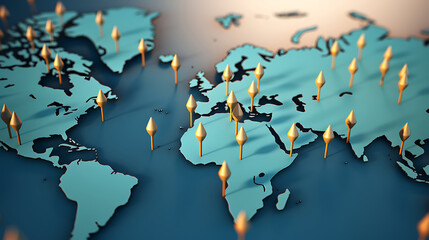 World Map icon with pins. travel concept. 3d render illustration