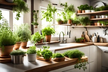 Fototapeta na wymiar A kitchen counter with a variety of fresh herbs in pots, adding a touch of greenery to the cooking space.
