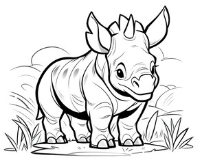 Black and white illustration for coloring animals, rhinoceros.