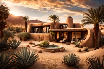 A desert oasis with a luxurious adobe house, surrounded by palm trees and sand dunes.