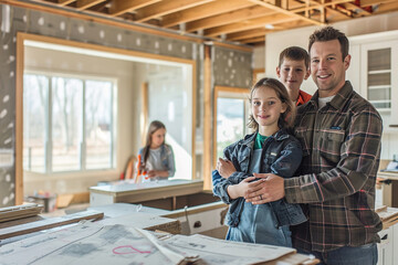 A homeowner dressed in work clothes proudly showcasing their completed DIY finished project in home interior design, woman and children around him.