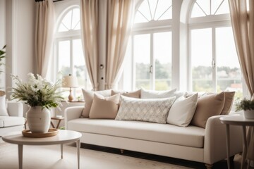 French interior home design of modern living room with white sofa with pillows in a windowed room with curtains