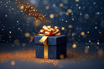 Christmas holiday background with one gift boxe in blue wrapping paper