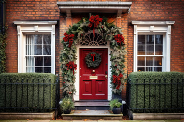 Fototapeta premium Red front door with Christmas wreath and street festive decorations on holidays