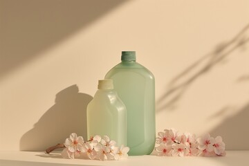 Obraz na płótnie Canvas Two bottles of laundry detergent placed against a solid beige background with cherry blossoms