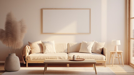 modern living room with sofa, wall art mockup