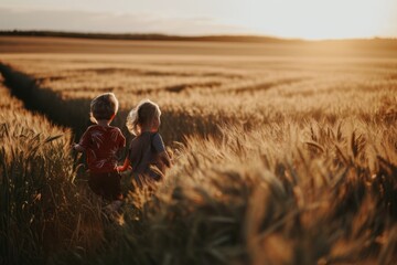 Two children friends cousins running through wheat field joy freedom in nature summer spring happiness childhood games play funny experience fun sunset countryside growth boy girl future rural scene