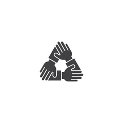 Teamwork, three hands support each other, mutual triangle. Vector outline icon illustration