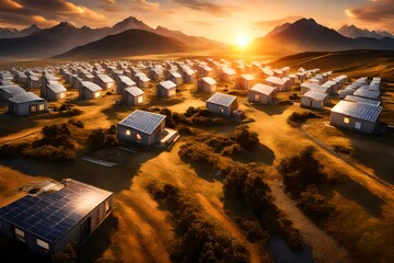 A stunning sunrise over a self-sufficient colony, featuring state-of-the-art renewable energy sources.