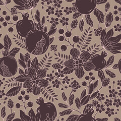 Pomegranate Garnet leaf and flowers pattern.