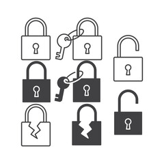 Set of padlock key. Vector outline icon template illustration