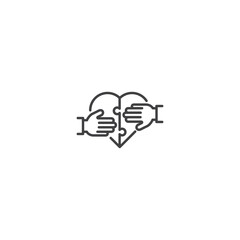 Print Love puzzle, two hand holding pieces of heart. Vector icon outline template