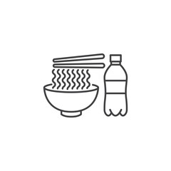 Food and drink package, noodle with water bottle. Vector outline icon template illustration