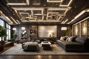 A modern room with a sleek ceiling design, illuminated by recessed lights and adorned with geometric patterns.