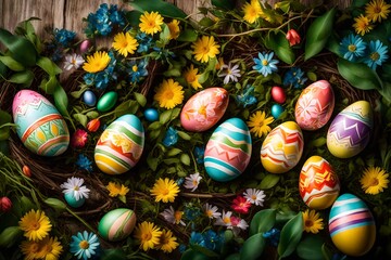 Fototapeta na wymiar A whimsical Easter egg hunt with colorful eggs hidden among lush greenery and blooming flowers.