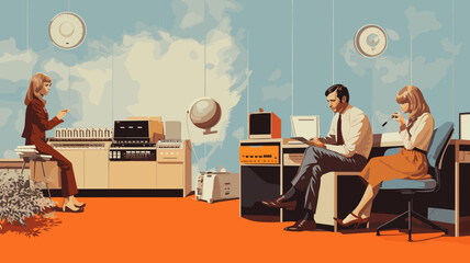 copy space, illustration, 1970s office vibes: Man in bell-bottoms at typewriter, woman in chic polyester. Retro desks, rotary phones, and shag carpet. Office cool in full swing. Vintage style office.