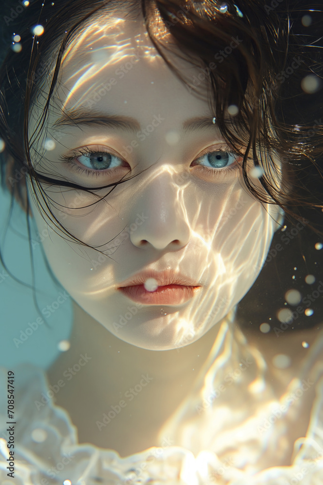 Sticker Underwater portrait of beautiful young Asian woman with natural makeup. Skin care concept