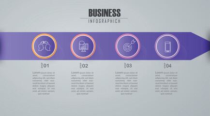 Fototapeta na wymiar Minimal Business Infographics template. Timeline with 4 steps, options and marketing icons .Vector linear infographic with four circle conected elements. Can be use for presentation.