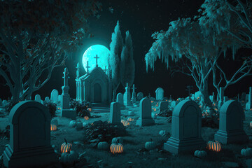 Starry night at the old cemetery on Halloween Day. Skulls and carved glowing pumpkins on the graves - obrazy, fototapety, plakaty
