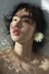 Portrait of beautiful young Asian woman in a bath with natural makeup and water splash on her face