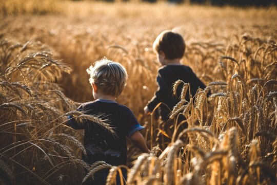 Two children friends cousins running through wheat field joy freedom in nature summer spring happiness childhood games play funny experience fun sunset countryside growth boy girl future rural scene