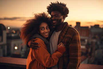 Young happy couple in love on roof of multi-storey building. Cute curly-haired african man hugs his charming mixed race girlfriend. Generated by AI. - obrazy, fototapety, plakaty