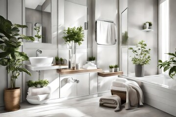 Fototapeta na wymiar A stylish and well-lit washroom corner, showcasing neatly folded towels and a decorative plant.