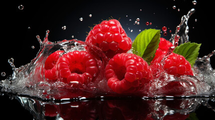 Ultra detailed photo of raspberries in juice splashing in isolation on the background with free...