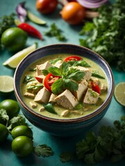 Thai green curry with chicken, canned coconut milk, fresh herbs, and lime. Cinematic food photography  - obrazy, fototapety, plakaty