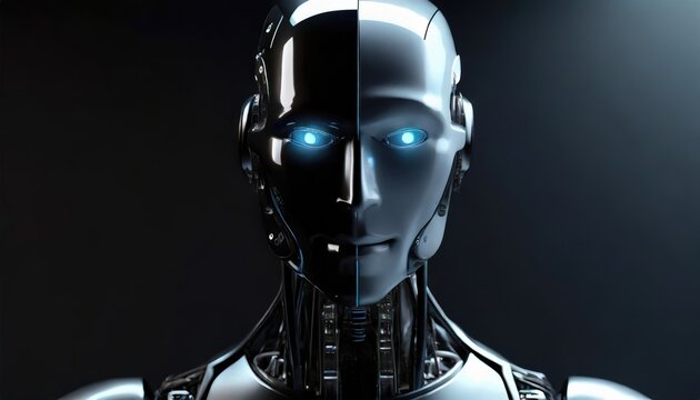3D image of a full bodied or a man robot, half face of man half face of a robot, mechanical robot that looks like a man, wires of the robot, driving crane, dark, hyper realistic, super detailed, intri