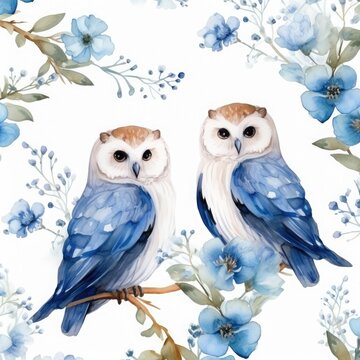 Adorable and pretty owls pattern with flowers and leaves on watercolor background.
