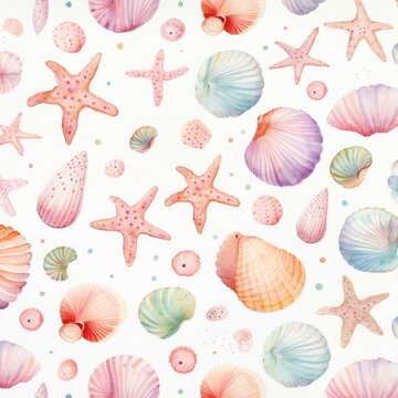 Adorable and pretty sea pattern with shells and starfishes on watercolor background.