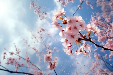 Cherry blossoms in full bloom, petals blowing in the wind against the blue spring sky, realistic