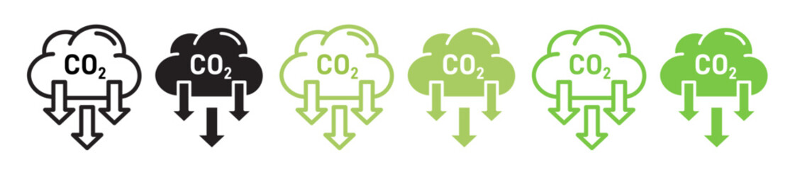 co2 emission reduction cloud vector icon set in black and green color. carbon dioxide neutral symbol. low carbon gas sign. - obrazy, fototapety, plakaty