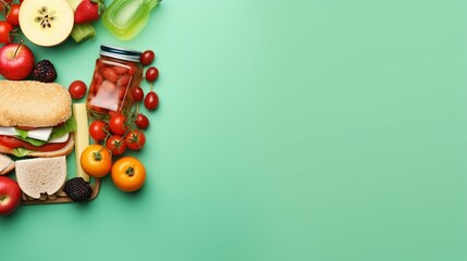 Colorful Lunchbox Arrangement: Tasty Freshness, Berries, and More on Soft Green Background - Ideal for Healthy Eating Campaigns, School Nutrition Concepts - obrazy, fototapety, plakaty