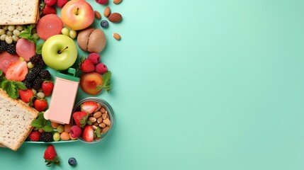 Colorful Lunchbox Arrangement: Tasty Freshness, Berries, and More on Soft Green Background - Ideal for Healthy Eating Campaigns, School Nutrition Concepts