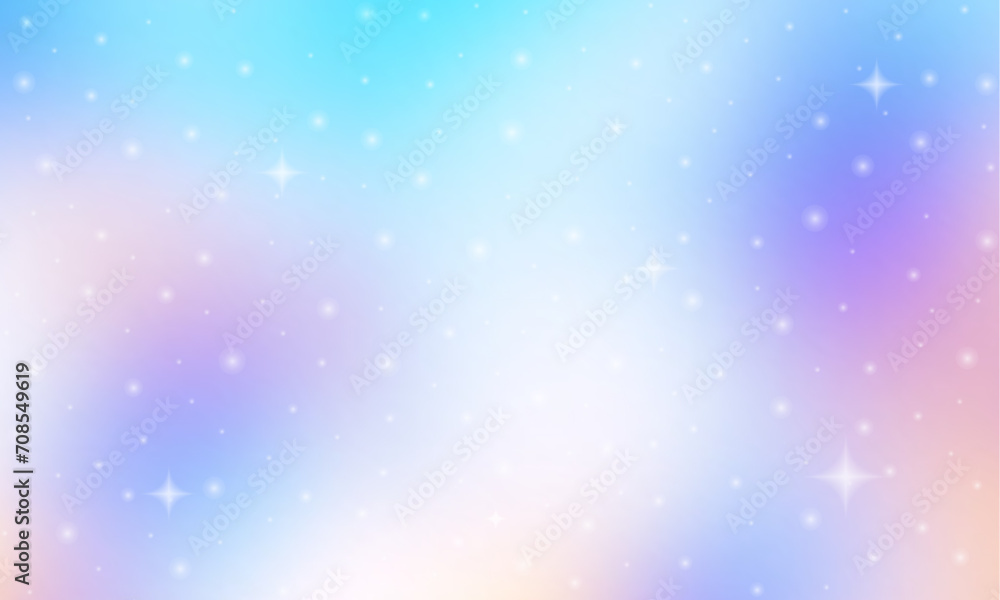 Poster Glittering gradient background with hologram effect and magic lights. Holographic abstract fantasy backdrop with fairy sparkles, gold stars and festive