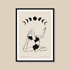 Woman silhouette in yoga pose. Minimal bohemian illustration for poster design, banners, brand identity, packaging, interior design