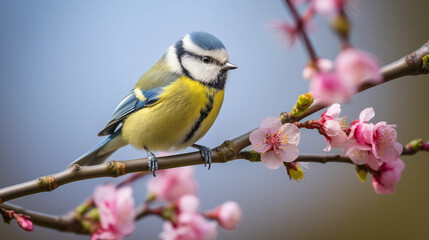 Naklejka premium blue tit sitting on a branch with spring blossoms