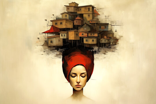 Surreal portrait of young attractive woman with bright makeup and buildings on her head