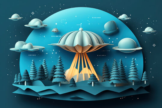 Layered style paper cut illustration of a blue landscape with unidentified flying objects in the sky - Powered by Adobe