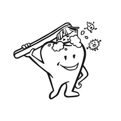 satisfied tooth character brushing himself, oral hygiene, outline vector