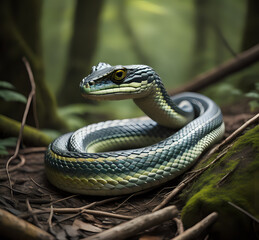 Fototapeta premium Natrix, Snake Colubridae in the forest, close up. predatory snake, beautiful poisonous snake generative Ai