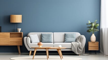 Modern living room wooden buffet with sofa and blue wall.wall Art , Poster , Interior Design , illustration  , Wallpaper , 