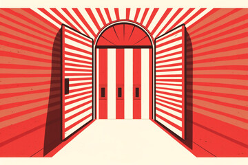 Fototapeta premium Vector illustration with arched open striped doors. A wall with three windows is visible through the passage. Generated by AI.