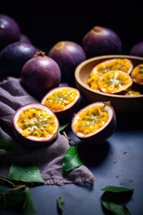 Passion fruits on a moody tabletop background. Minimal style.