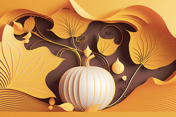 Abstract botanical orange background with pumpkin, leaves and plants.